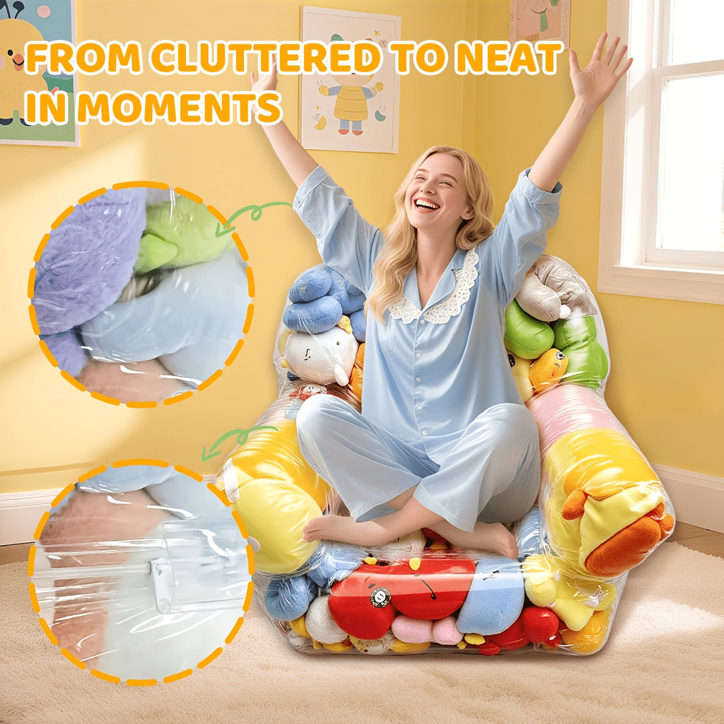 Stuffed Animal Storage Bean Bag Chair – Transparent PVC Plush Toy Organizer Sofa for Kids Room & Playroom, Large Capacity Doll Storage, Easy to Clean, Available in Round Bag & Sofa Styles
