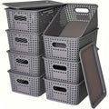Plastic Storage Basket Set of 8 with Lids - Desktop & Shelf Organization Bins for Documents, Office, Home & Bedroom Storage, Multi-Functional Stackable Baskets - Grey, Black & White