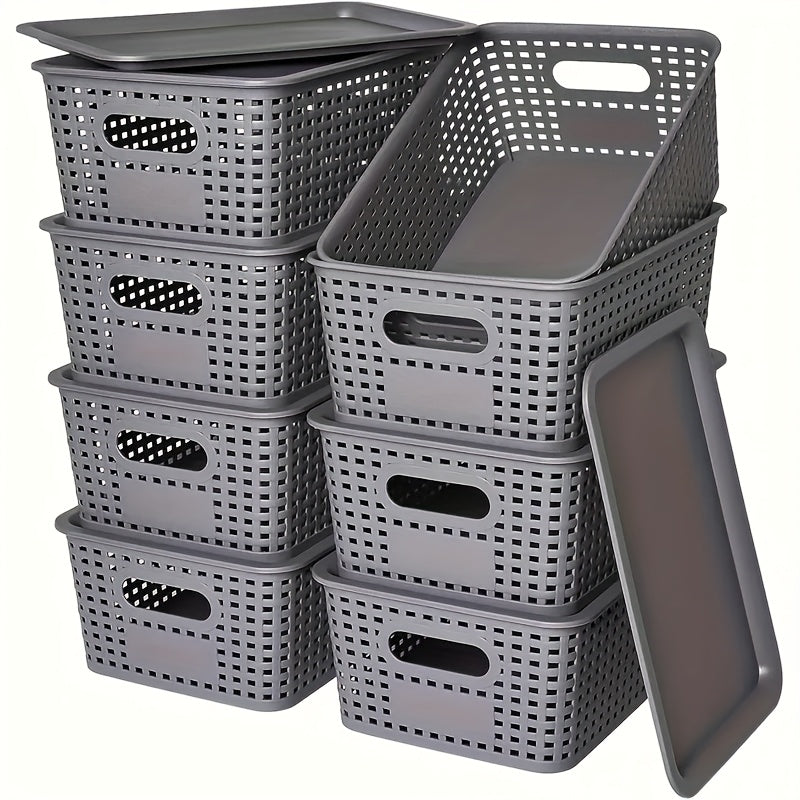 Plastic Storage Basket Set of 8 with Lids - Desktop & Shelf Organization Bins for Documents, Office, Home & Bedroom Storage, Multi-Functional Stackable Baskets - Grey, Black & White