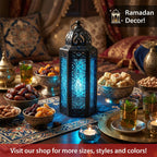Moroccan Candle Lantern Holder Medium 10.5 Inch – Handcrafted Glass Iron Metal Lantern with Embossed Floral Panels, 17 Colors, Indoor Outdoor Use for Ramadan, Wedding, Patio, Diwali & Home Decor