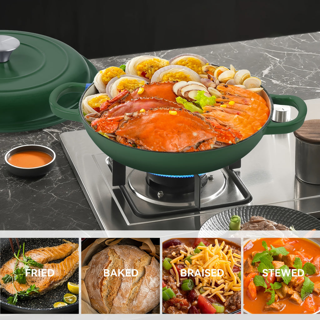 Enamel Cast Iron Dutch Oven 3QT with Lid – Shallow Wide Bottom, Double Handle, 4 Colors (Red, Blue, Green, Orange) | All Stove Types Compatible – Perfect for Cooking, Stewing & Braising