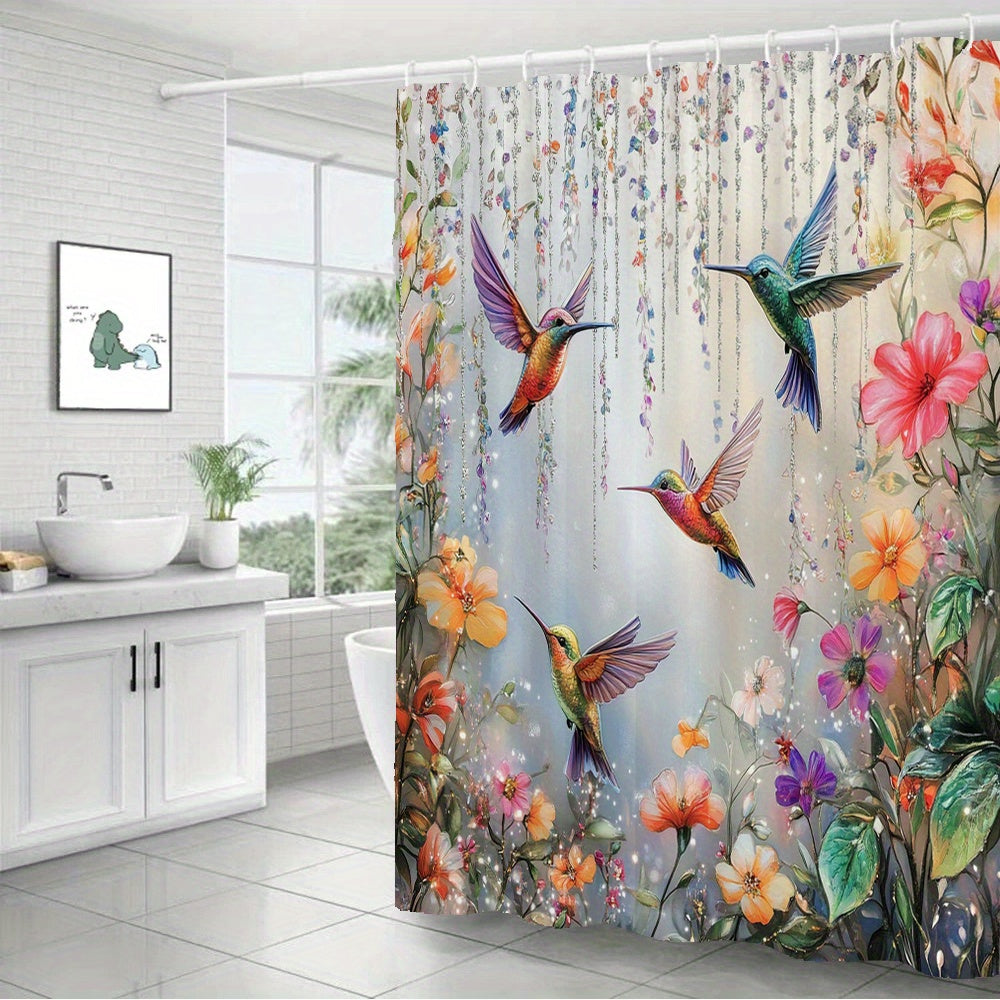 Hummingbird Floral Shower Curtain 70x70 Inch – Vibrant Iridescent Pink Orange Purple Flowers Polyester Fabric Machine Washable Nature Lover Bathroom Decor