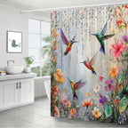 Hummingbird Floral Shower Curtain 70x70 Inch – Vibrant Iridescent Pink Orange Purple Flowers Polyester Fabric Machine Washable Nature Lover Bathroom Decor