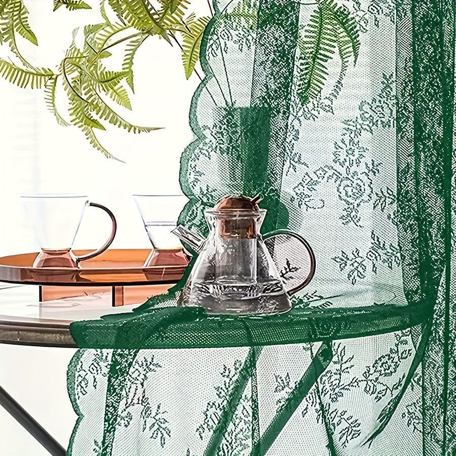 Vintage Lace Door Curtain with Wave Edge – Semi-Sheer Floral Embroidered Rod Pocket Panel for Home, Hallway & Outdoor | White, Black & Green