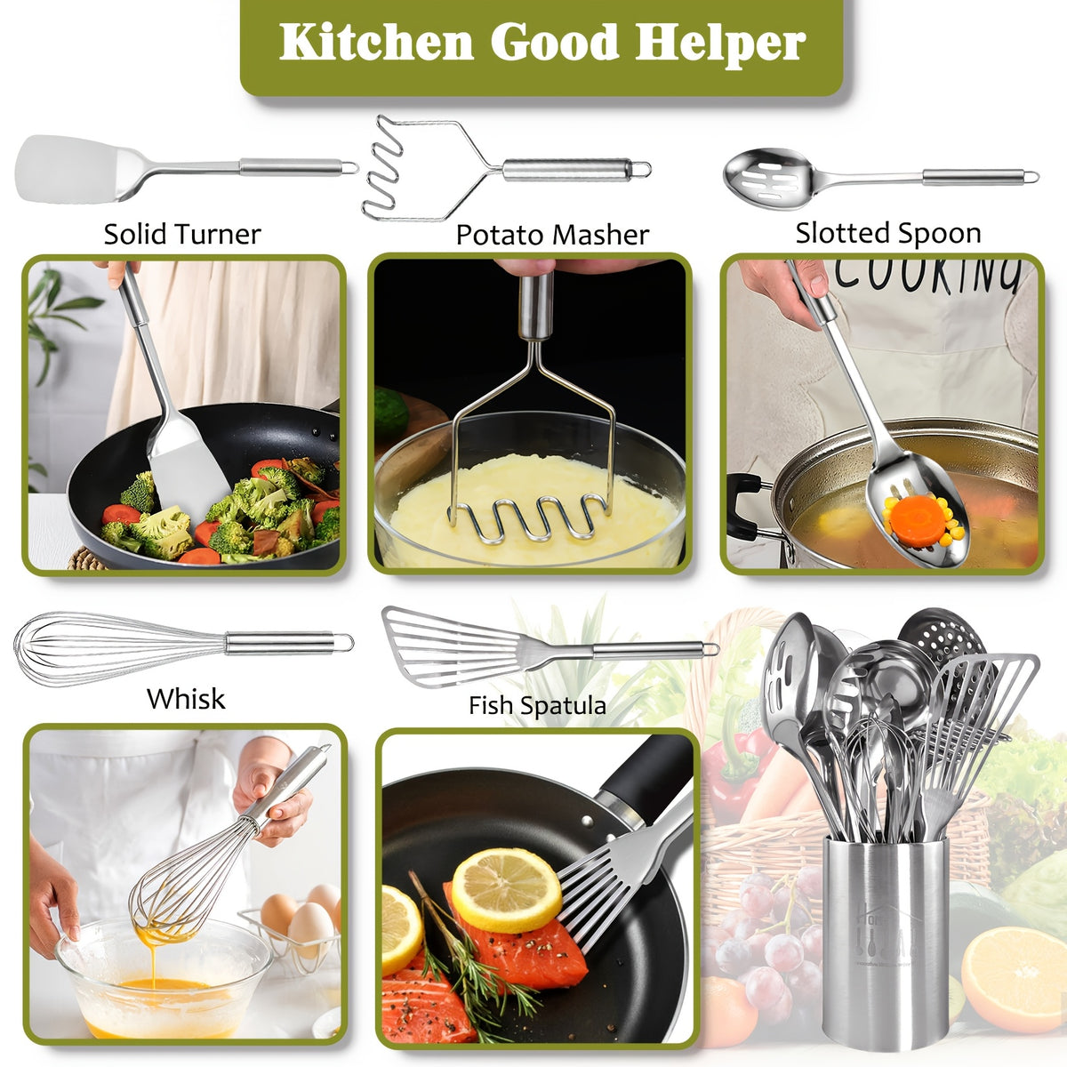 Stainless Steel Kitchen Utensils Set 12-Piece with Holder - Heat Resistant Cooking Utensils Set with Spatula, Ladle, Tongs, Whisk, Skimmer & More, Dishwasher Safe Metal Kitchen Tool Set