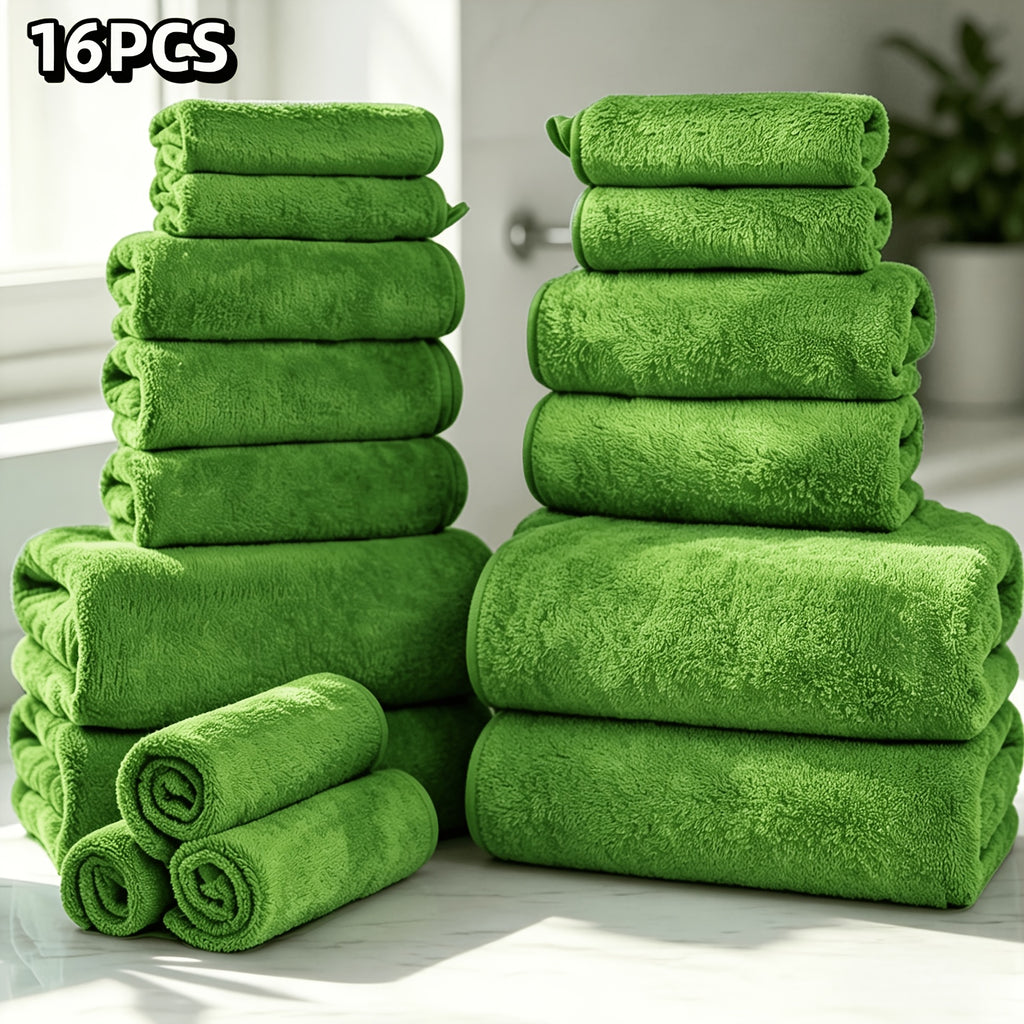 16-Piece Ultra-Soft Coral Fleece Bath Towel Set – 4 Bath Towels, 6 Hand Towels & 6 Washcloths | Quick-Dry, Highly Absorbent | Home, Hotel & Spa