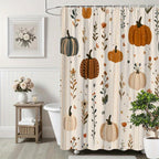 Autumn Pumpkin Floral Shower Curtain Farmhouse Style – Waterproof Polyester Fabric, 70–72 Inch, Includes 12 Hooks – All-Season Fall Bathroom Decor