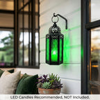 Moroccan Candle Lantern Holder Medium 10.5 Inch – Handcrafted Glass Iron Metal Lantern with Embossed Floral Panels, 17 Colors, Indoor Outdoor Use for Ramadan, Wedding, Patio, Diwali & Home Decor