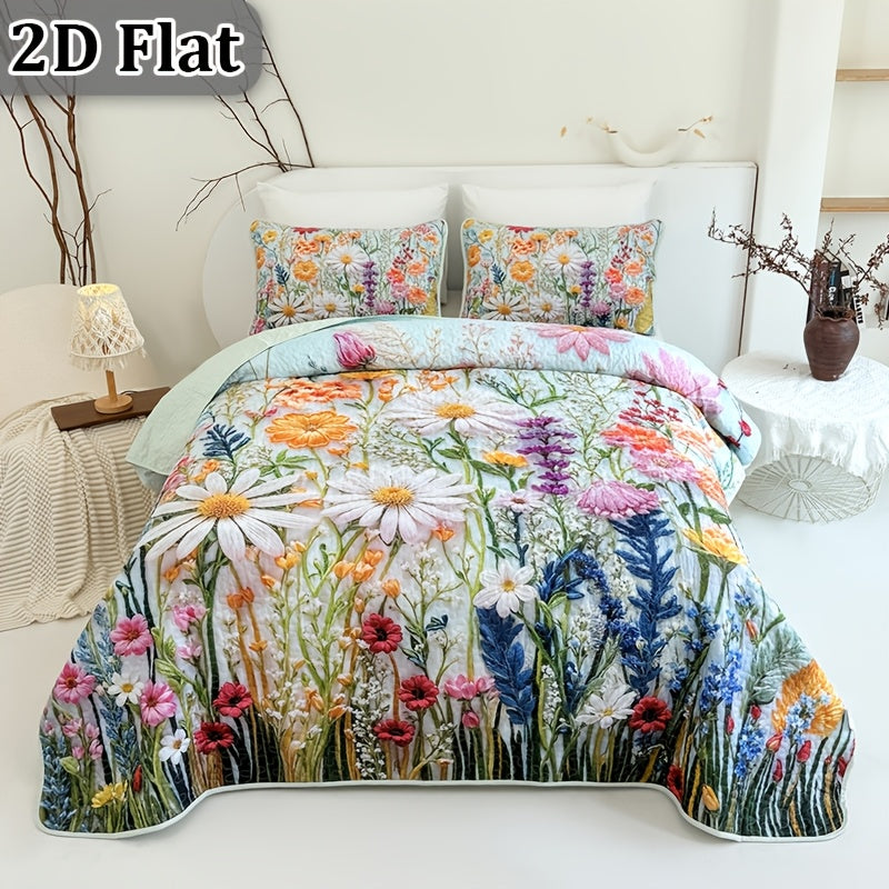 Floral Quilt Set 2 or 3 Piece – Colorful Flowers & Plants Quilted Bedspread with Pillowcases, Soft Breathable Hypoallergenic Machine Washable Bed Cover Twin Queen King