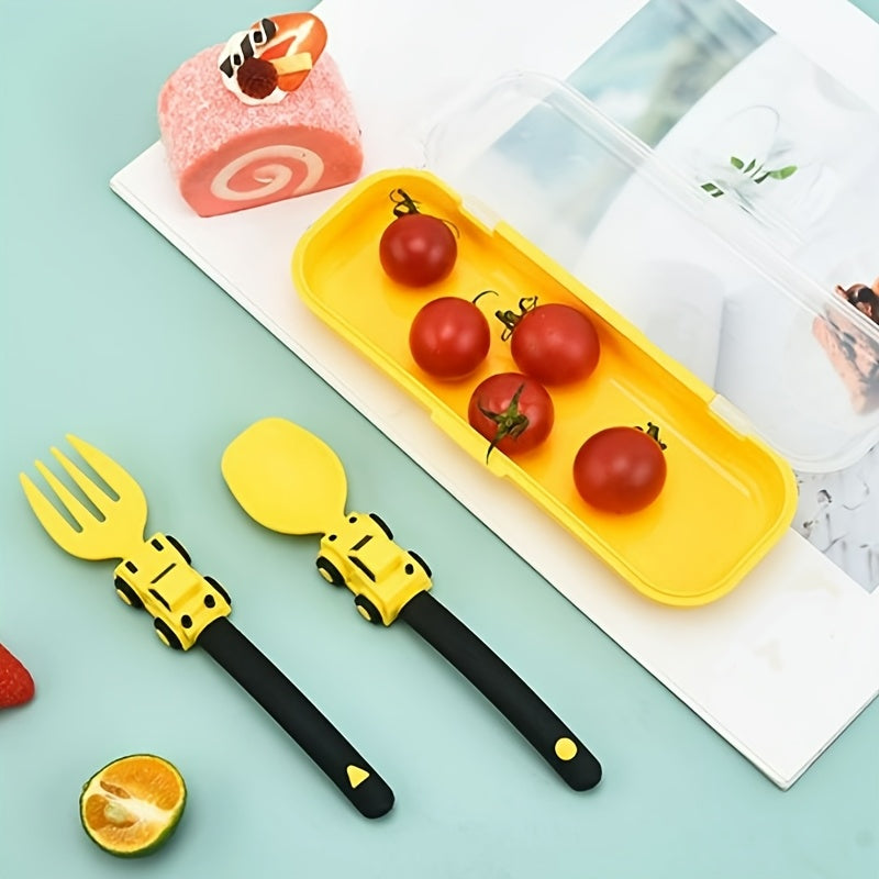 Kids Cartoon Fork & Spoon Set – Colorful Easy-Grip Toddler Utensils for Self-Feeding | Fun Racing Design | BPA-Free Plastic Handle | 6 Colors | Easter & Birthday Gift