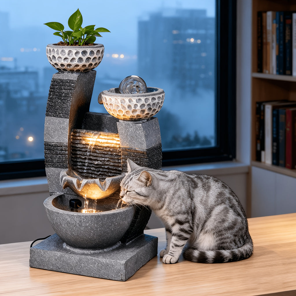 Indoor Tabletop Water Fountain with LED Lights & Crystal Ball – Tiered Bowls Cascading Water Feature with Flower Pot for Home Office Meditation Relaxation, Dark Gray, 7.9"L x 6.7"W x 15.8"H