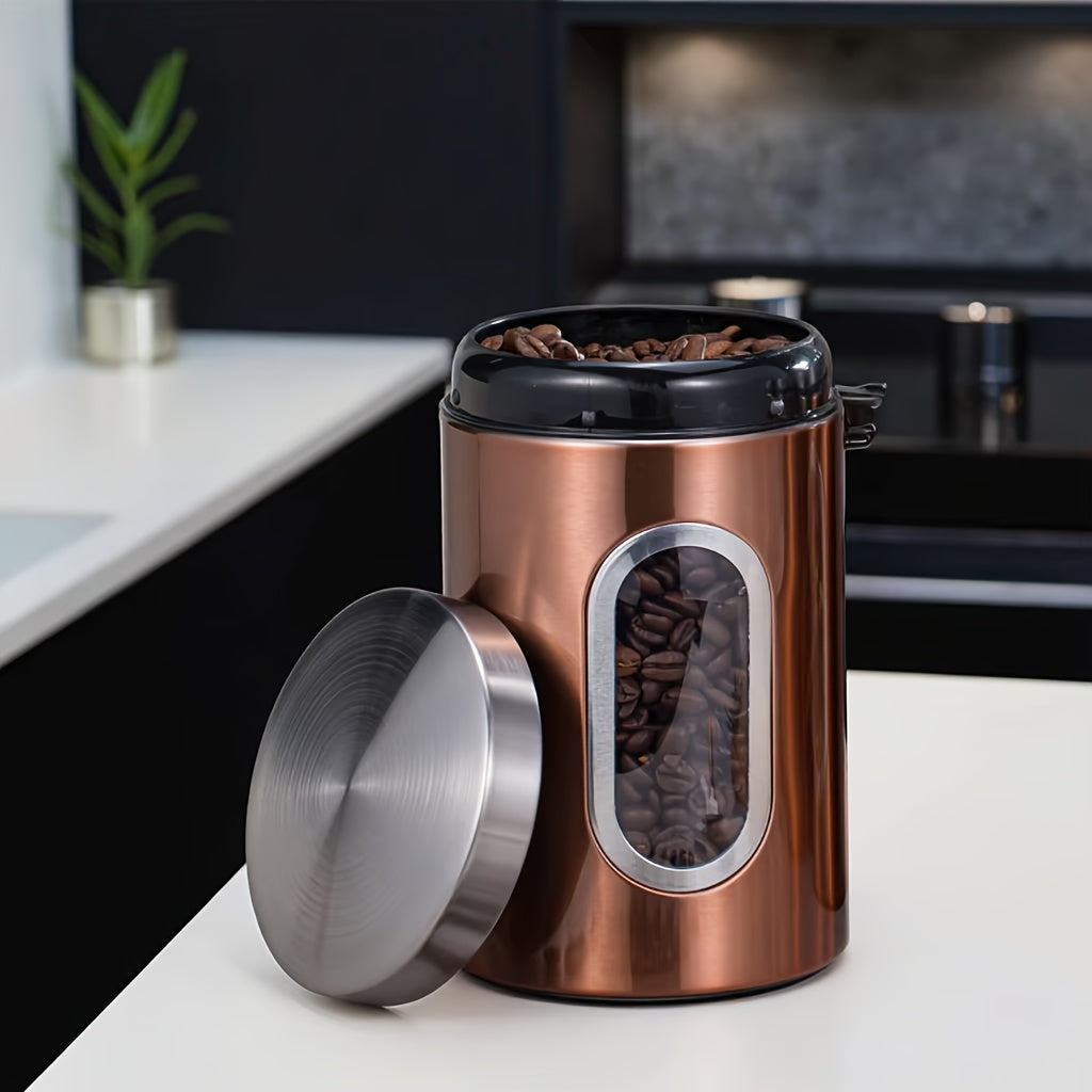 Airtight Stainless Steel Canister Set of 3 – Copper Finish with Visible Window, Round Food Storage Containers for Coffee Beans, Tea, Sugar, Flour & Pantry
