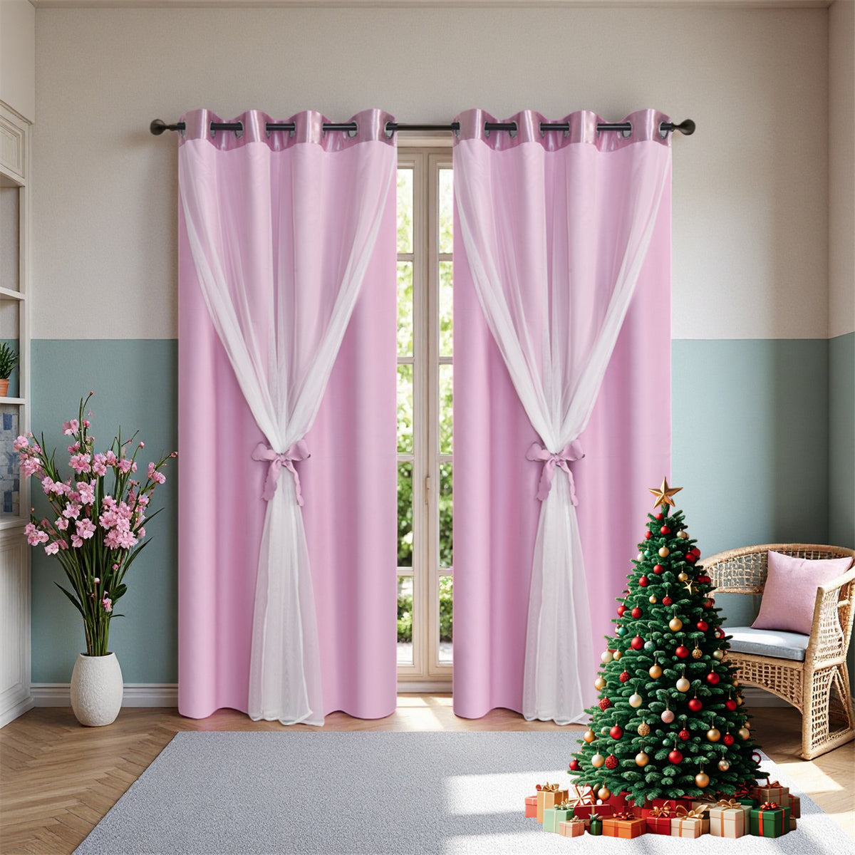 Double Layer Curtains Snowflake Embroidered Sheer Voile + Room Darkening Grommet Drapes – Thermal Insulated Tiebacks Included | 7 Colors Pack of 2