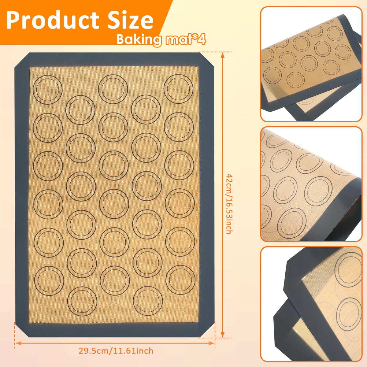 Silicone Macaron Baking Mat Set of 4 - Non-Stick Reusable Oven Liner & Pastry Mat, Heat Resistant -40°C to 250°C, Dishwasher Safe, 16.6x11.6 Inch for Cookies, Macarons & Pastries