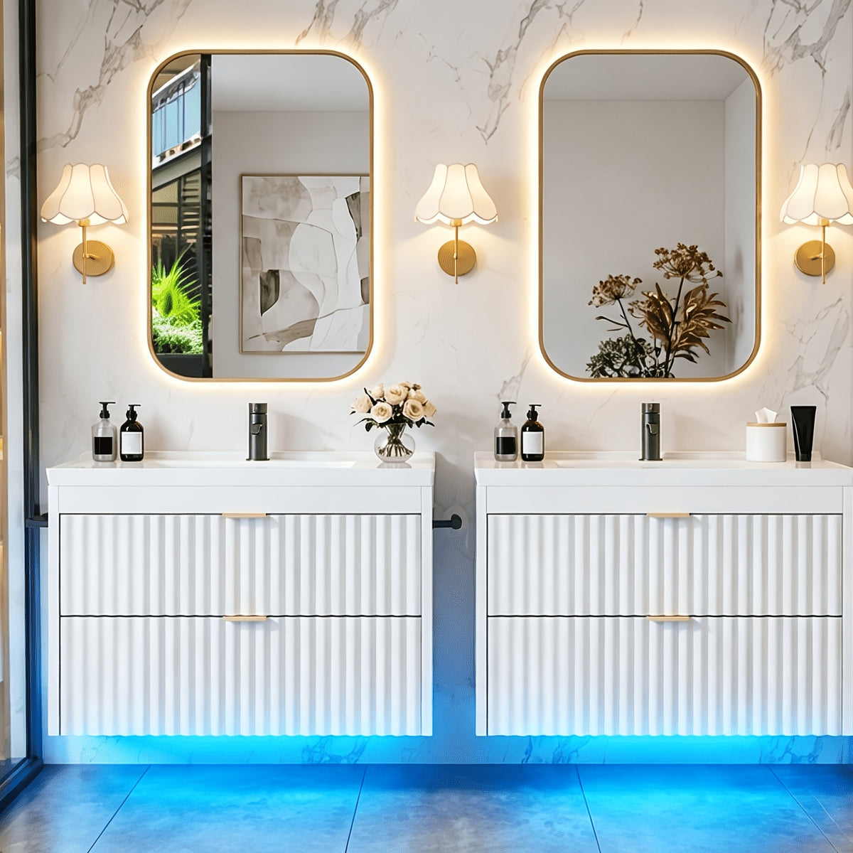 Floating Bathroom Vanity with Sink 24 Inch LED Light Wall Mounted 3-Hole Ceramic Basin Wave Line Design Soft Close Drawers for Small Spaces Black White