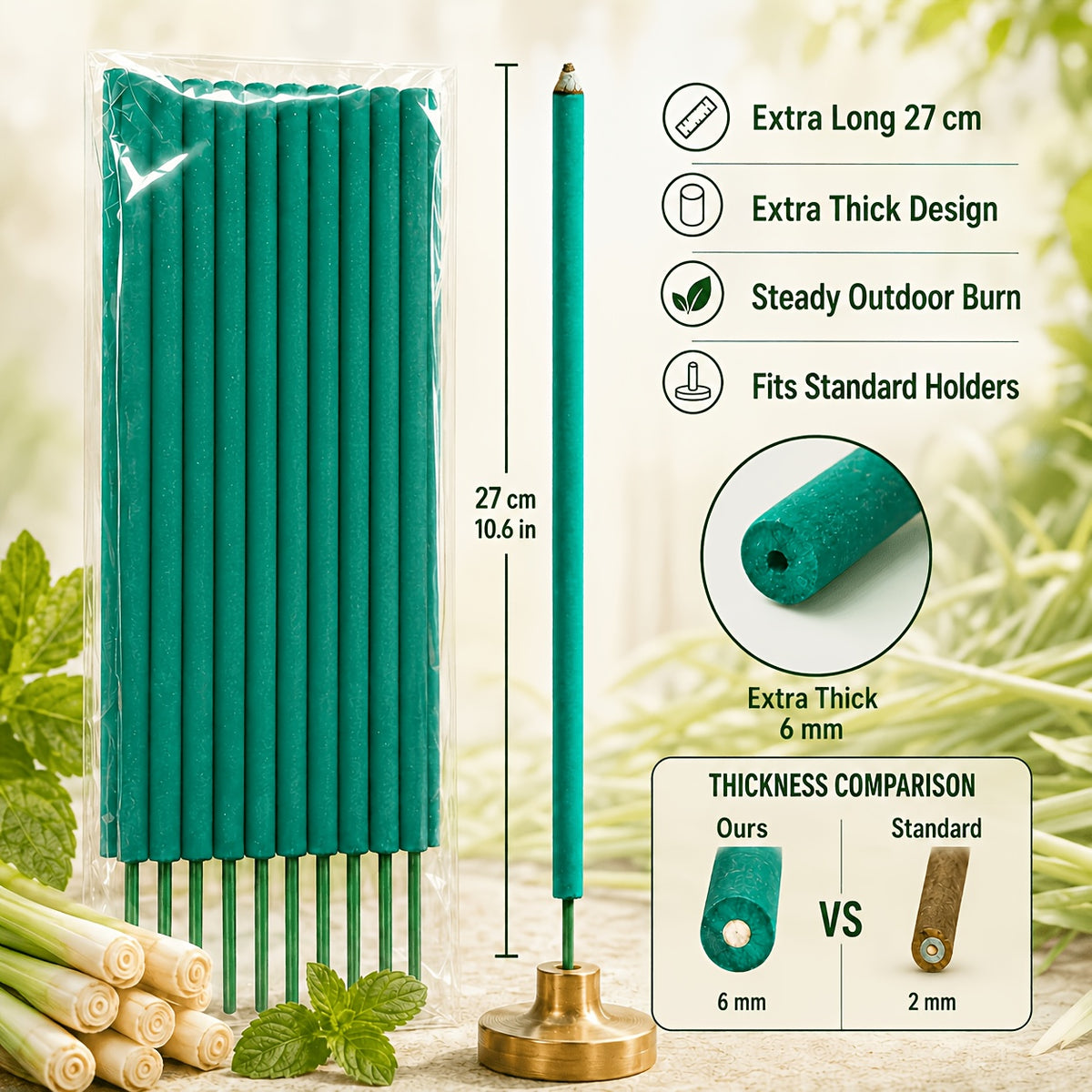 Lemongrass Incense Sticks Giant 25pcs Outdoor – 10.63" Extra Long Herbal Scented Sticks with Mint & Rosemary for Patio, Camping & Backyard