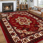 Bohemian Persian Area Rug - Plush Soft Pile Non-Slip Machine Washable 100% Polyester Red and Golden Floral Pattern for Living Room and Bedroom