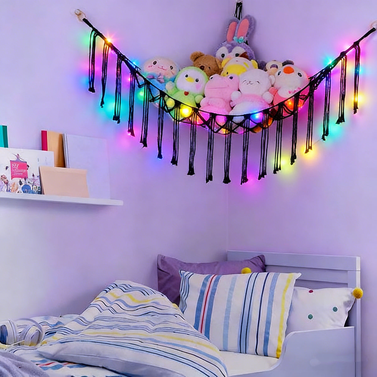Stuffed Animal Storage Hammock with Star Lights – Corner Mesh Toy Organizer with Hooks for Kids Room, Bedroom & Nursery | White, Black & Pink