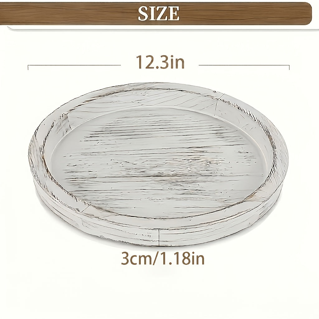 Rustic Round Wood Decorative Tray – Distressed Farmhouse Wooden Tray for Coffee Table, Ottoman, Living Room & Kitchen Counter Decor, Candle Holder Base & Boho Home Styling