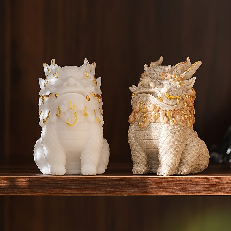 Pixiu Statue Wealth & Blessings Stone Figurine with Golden Floral Designs – Feng Shui Mythical Creature Decorative Sculpture for Living Room, Cabinet, Office & Home Display Gift