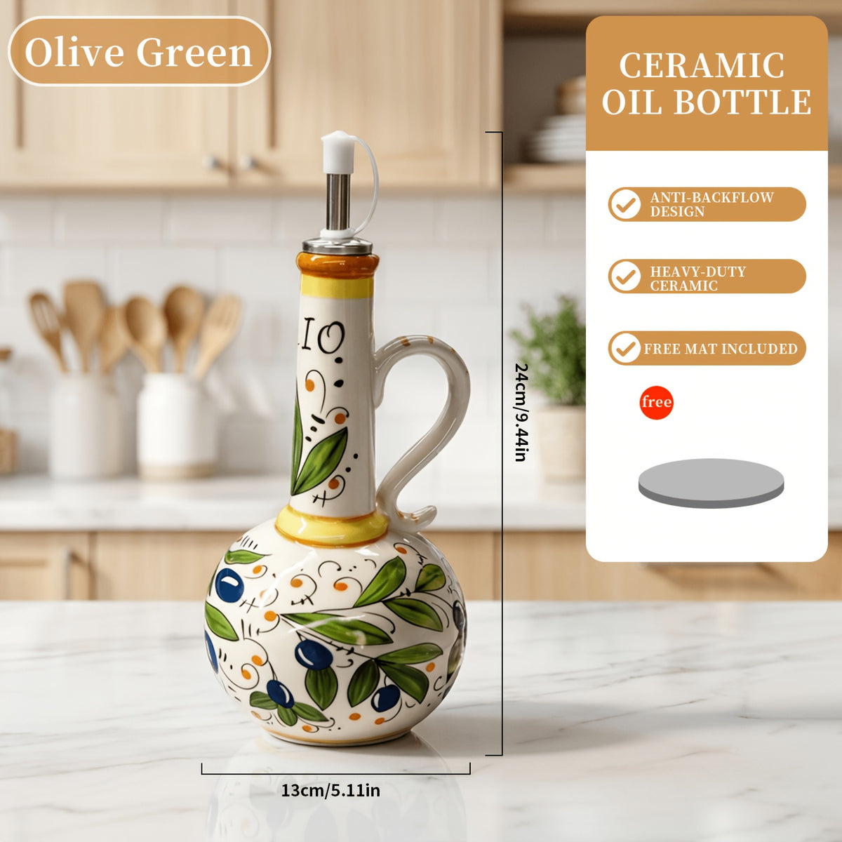 Hand-Painted Ceramic Oil & Vinegar Dispenser Set, Anti-Drip Leak-Proof Underglaze Kitchen Condiment Bottles with Oil Spout & Foot Pad, Artisan Table Serveware, Great Housewarming Gift