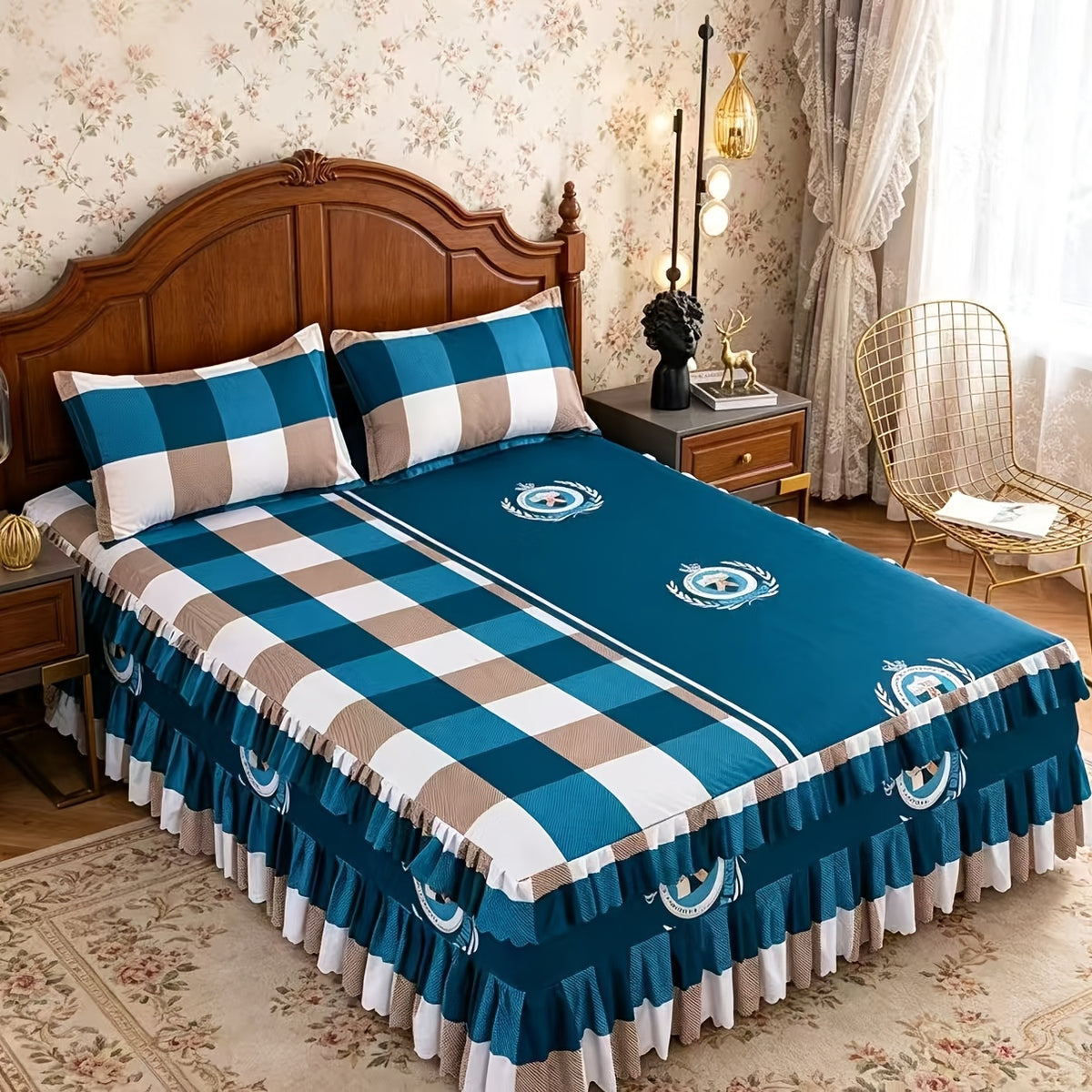 3-Piece Floral Bed Skirt Set with 2 Pillowcases, Non-Slip Lace Ruffle Bed Skirt, All-Season Polyester Bedding, Machine Washable, Bedroom & Guest Room Decor in Pink Rose, Purple Rose, Peony & More