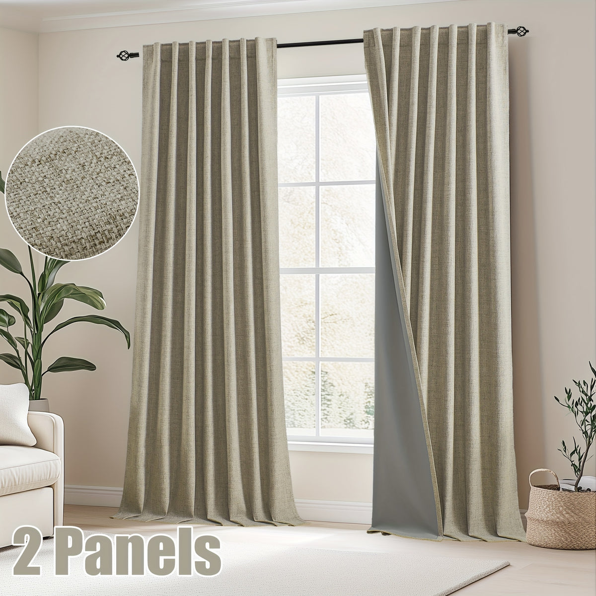 Faux Linen Blackout Curtains 2 Panels for Bedroom & Living Room – 100% Blackout, Back Tab & Rod Pocket, Thermal Insulated Farmhouse Drapes