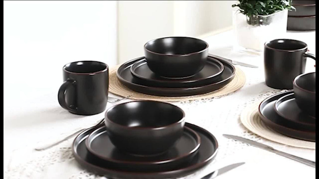 12 Piece Matte Black Stoneware Dinnerware Set Speckled Microwave Dishwasher Safe Dinner Plates Salad Plates Bowls Service for 4