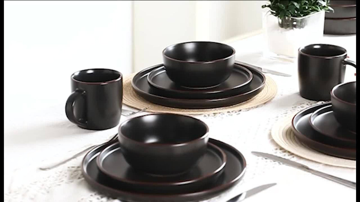 12 Piece Matte Black Stoneware Dinnerware Set Speckled Microwave Dishwasher Safe Dinner Plates Salad Plates Bowls Service for 4