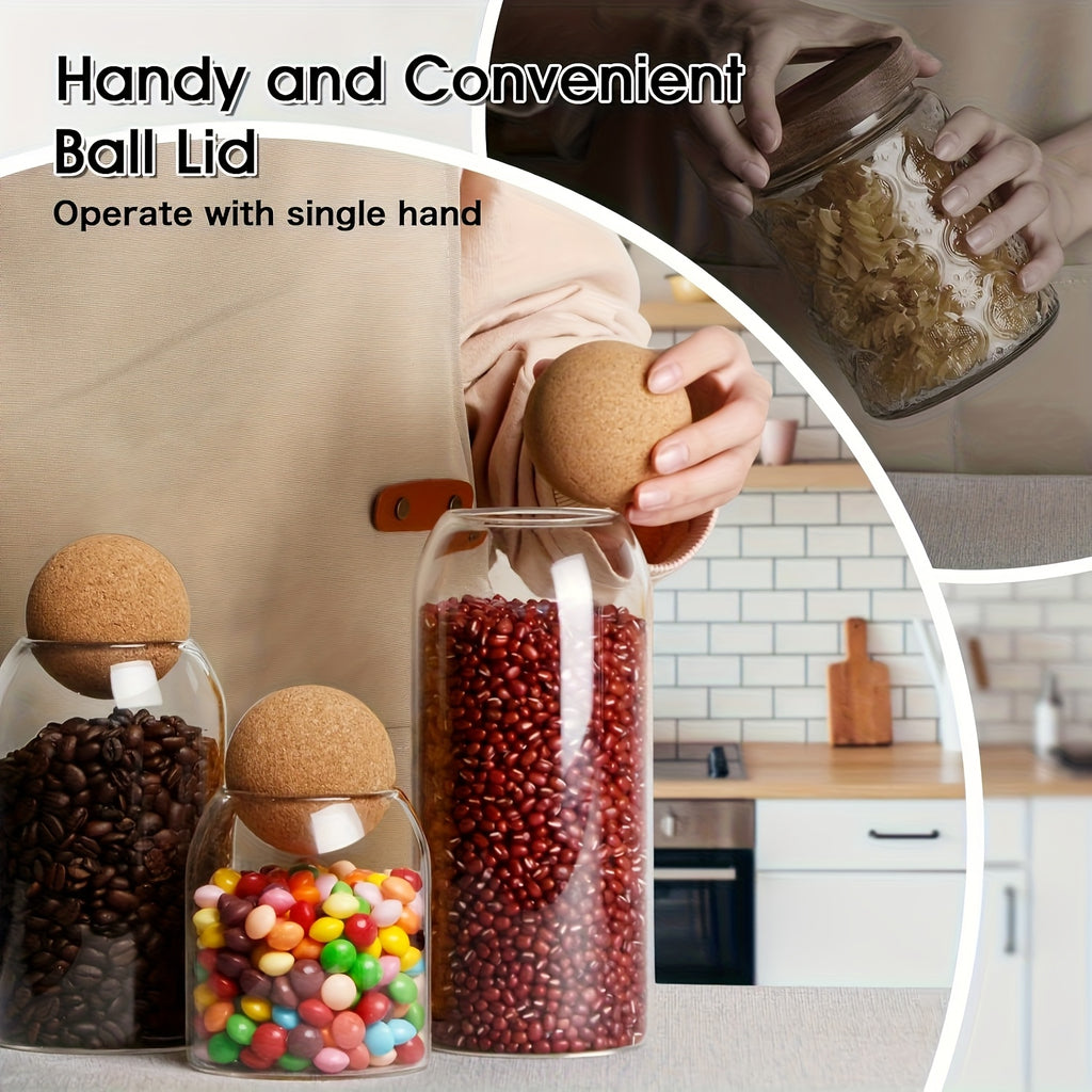 Glass Storage Jars Set of 3 Large Airtight Pantry Jars with Cork Ball Lid & Spoon – Transparent Sealed Canisters for Coffee Beans, Tea, Sugar, Spices & Candy