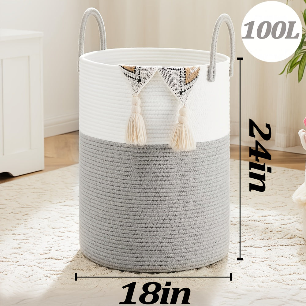 Collapsible Woven Rope Laundry Basket & Hamper - 4 Sizes (12-26 Gal), Cotton Rope Storage Basket for Dirty Clothes, Blankets & Toys, Boho Bathroom Nursery & Living Room Decor