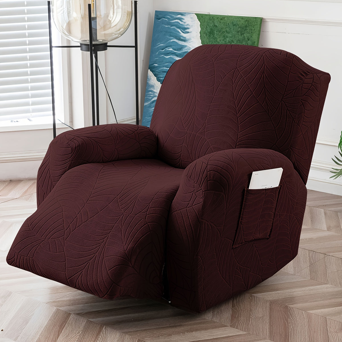 Jacquard Stretch Recliner Sofa Cover – Big Leaves Pattern, 1/2/3 Seater & Loveseat with Console, Winter Insulation Soft Washable, 6 Colors