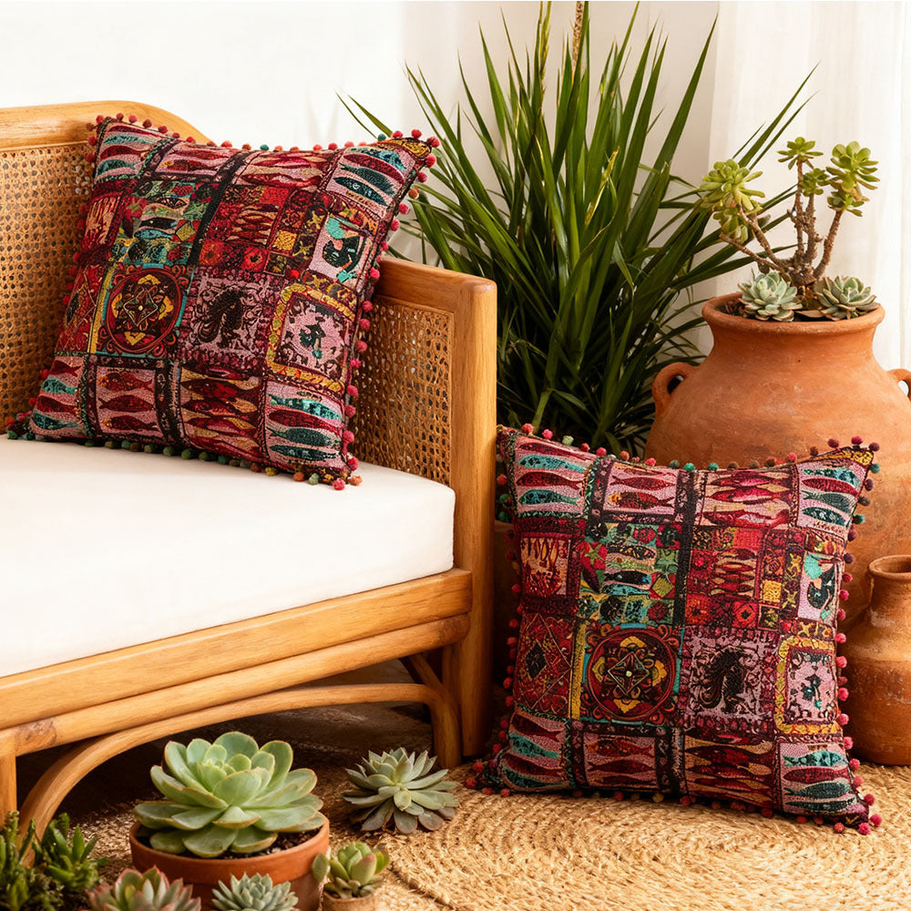 2-Pack Turkish Moroccan Throw Pillows with Inserts Reversible Floral Boho Decorative Pillow 18x18 Inch Polyester Square Cushion Zip Cover for Sofa Couch Bedroom Living Room 7 Colors