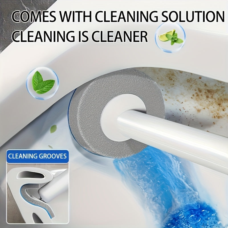 Disposable Toilet Brush Holder Wall Mounted with 6 Refill Heads & Scrubbing Solution – No-Touch Bathroom Cleaning Wand Set, White