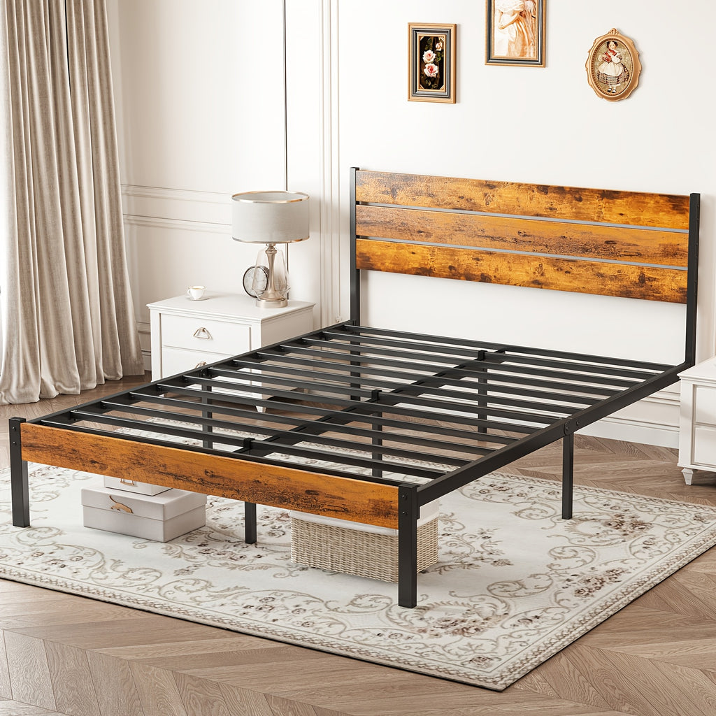 Iron Bed Frame with Wooden Plank Headboard Twin Full Queen Size Metal Platform Bed Heavy Duty Steel Slats Easy Assembly Bedroom