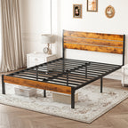 Iron Bed Frame with Wooden Plank Headboard Twin Full Queen Size Metal Platform Bed Heavy Duty Steel Slats Easy Assembly Bedroom