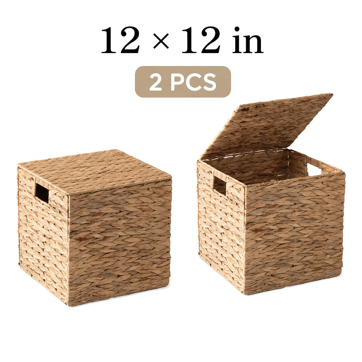 Water Hyacinth Wicker Storage Basket Set 2 or 4 Pack Square Woven Rattan Baskets for Shelves Towels Magazines Kitchen Organization Natural Boho Shelf Bin