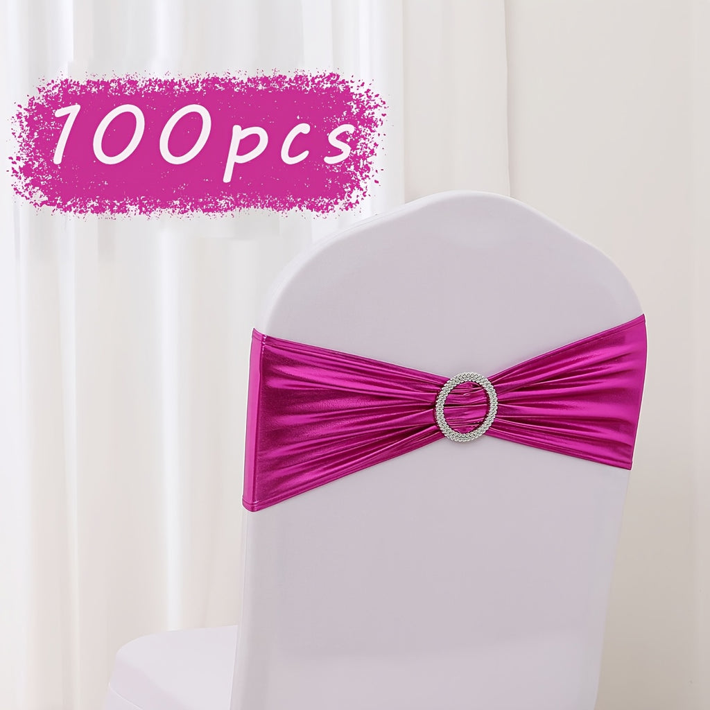 Spandex Chair Sash Bows 100-Pack Metallic Gold Silver Rose Gold Wedding Chair Belts Decorative Bow Ties for Banquet Event Party Chairs – Elastic Chair Bands for Wedding Reception Decoration