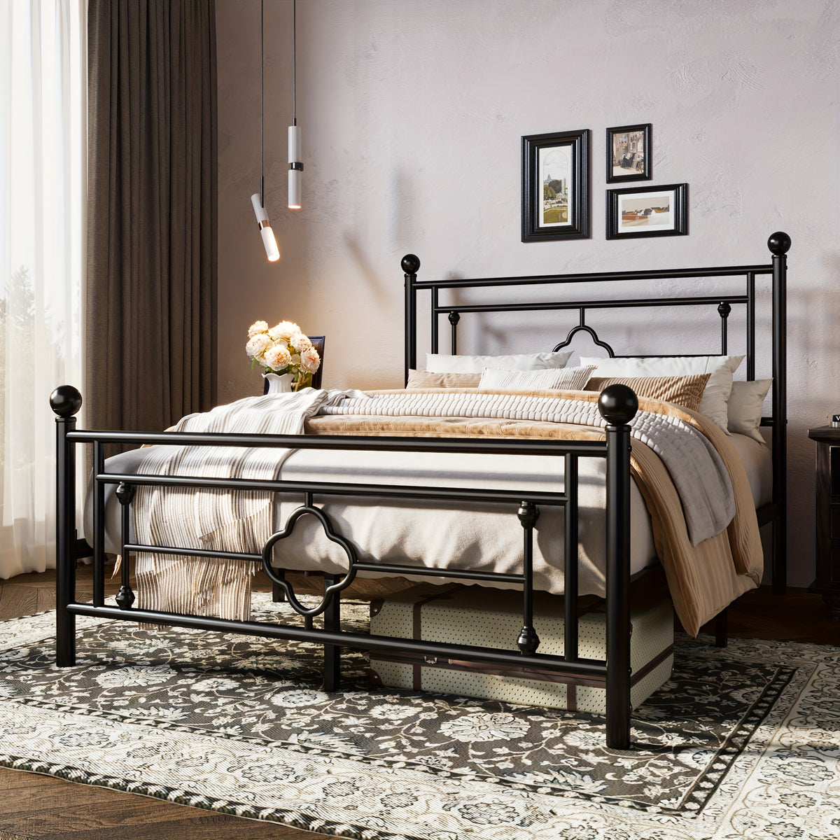Metal Platform Bed Frame with Vintage Iron Art Headboard Footboard No Box Spring Needed Under Bed Storage Twin Full Queen King Black White Pink Gold