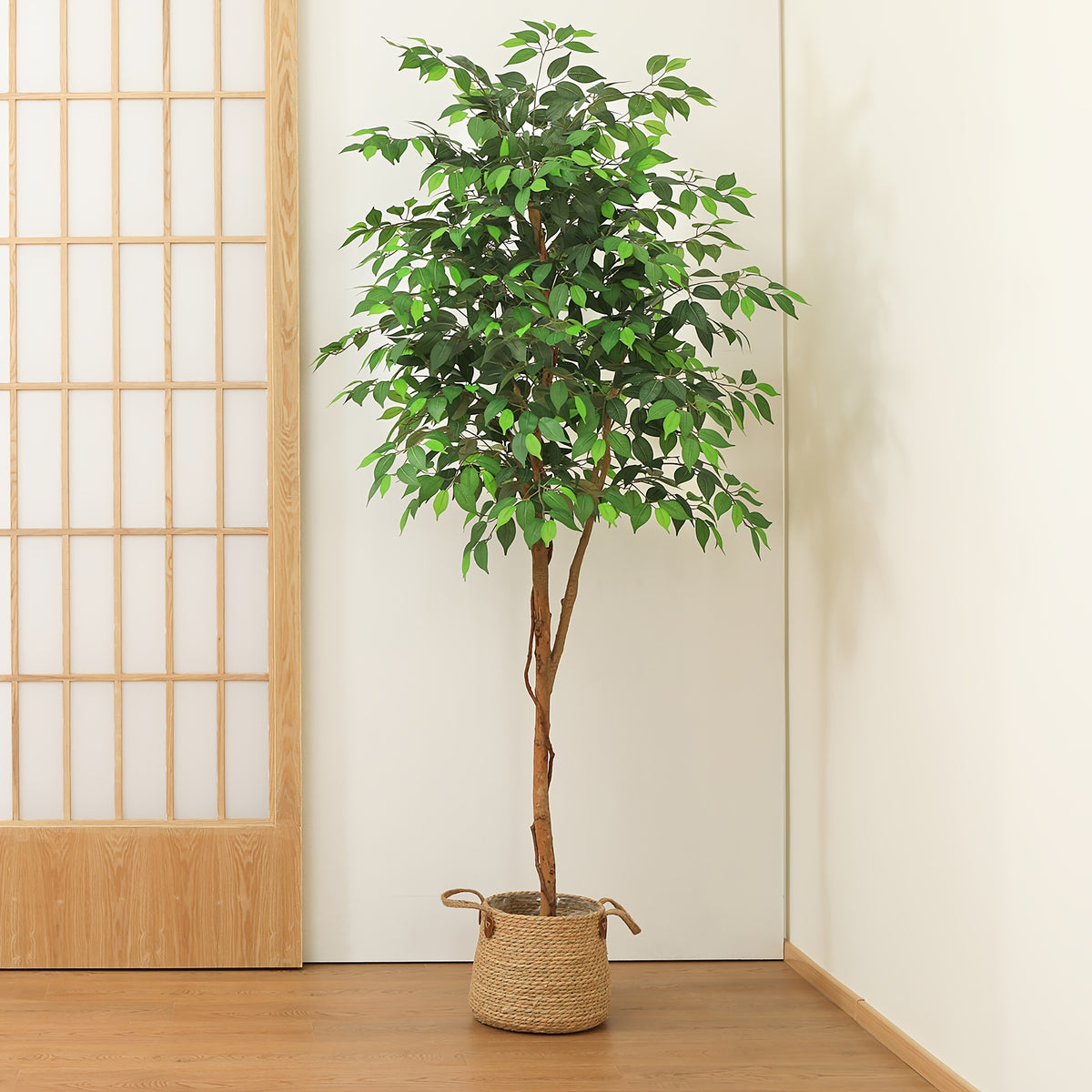 Artificial Ficus Tree 4ft 5ft 7ft Tall – Faux Greenery Potted Plant with Natural Wood Trunk, Lifelike Silk Leaves, Maintenance-Free Elegant Decor for Indoor Outdoor Living Room Bedroom Office