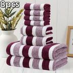 8-Piece Hotel-Quality Striped Bath Towel Set – Lint-Free Super Absorbent Two-Color Towels | 2 Large Bath Towels, 2 Medium Bath Towels & 4 Washcloths