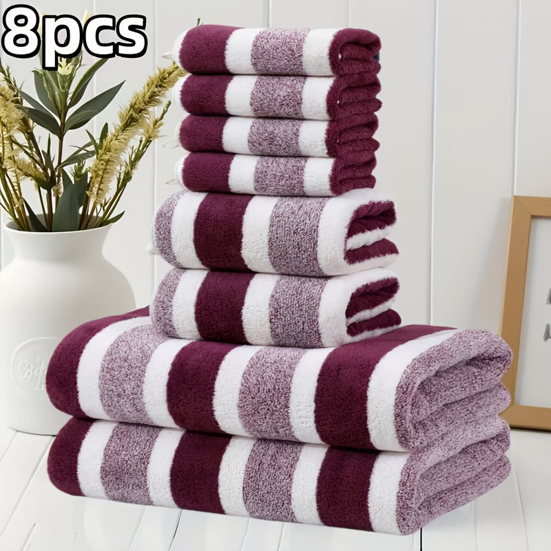 8-Piece Hotel-Quality Striped Bath Towel Set – Lint-Free Super Absorbent Two-Color Towels | 2 Large Bath Towels, 2 Medium Bath Towels & 4 Washcloths