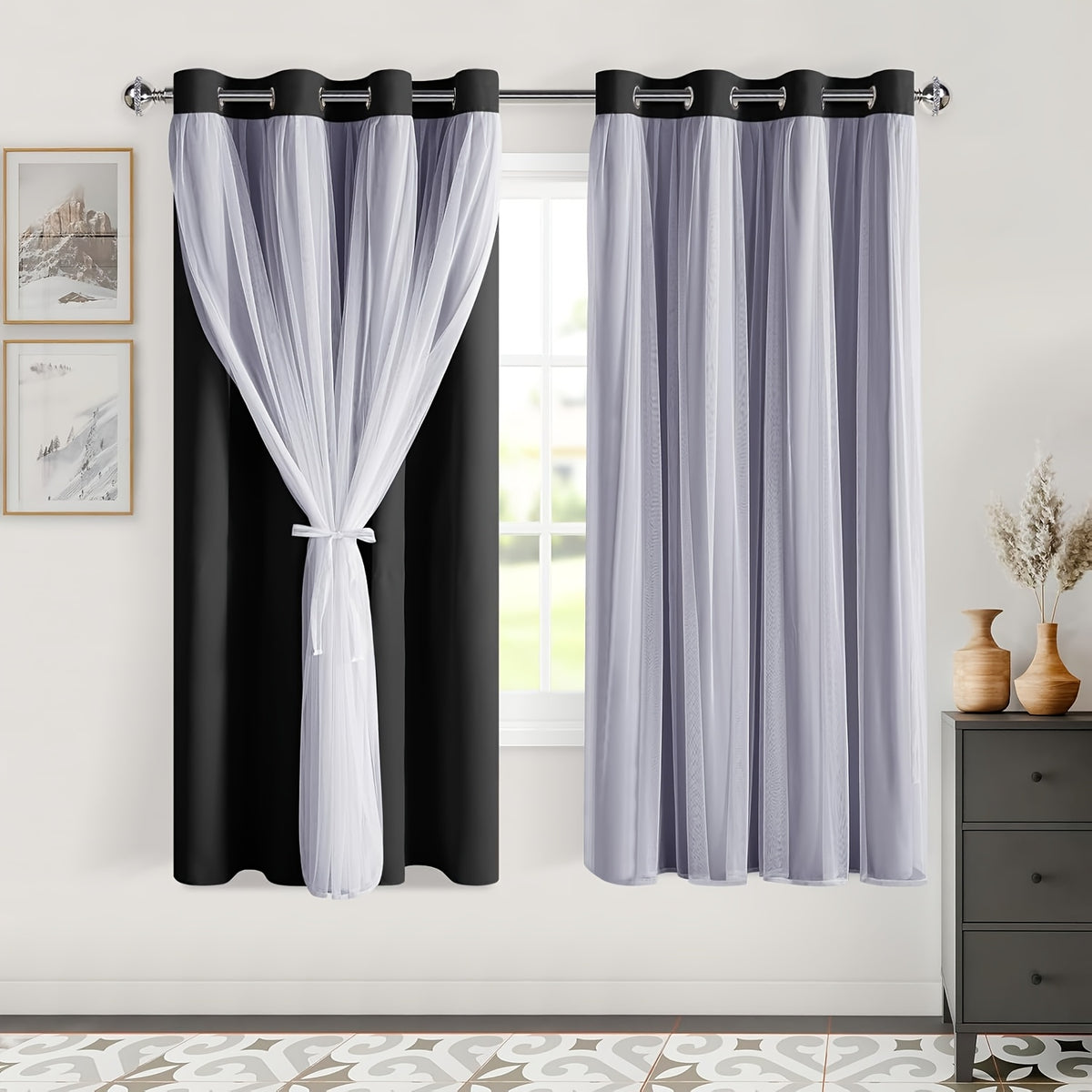 Double Layer Blackout Curtains with Sheer Overlay 2 Panels - Grommet Top Thermal Insulated Mix & Match Window Drapes with Tiebacks for Bedroom Living Room, All Season