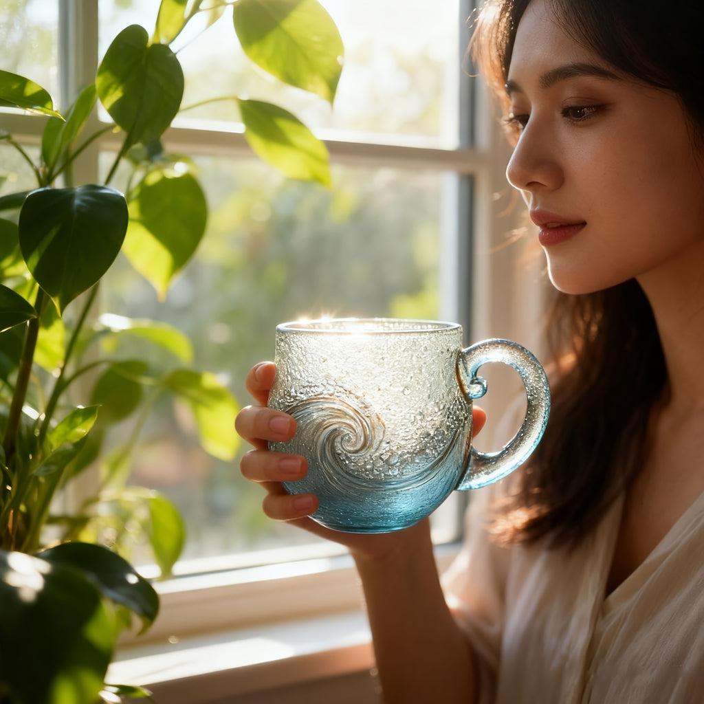 Sea Glass Wave Mug Blue Swirl Beach Theme Handcrafted Textured 30oz Cup for Tea Coffee Wine - Ocean Inspired Drinkware Gift for Beach Lovers | Nuvia Haven