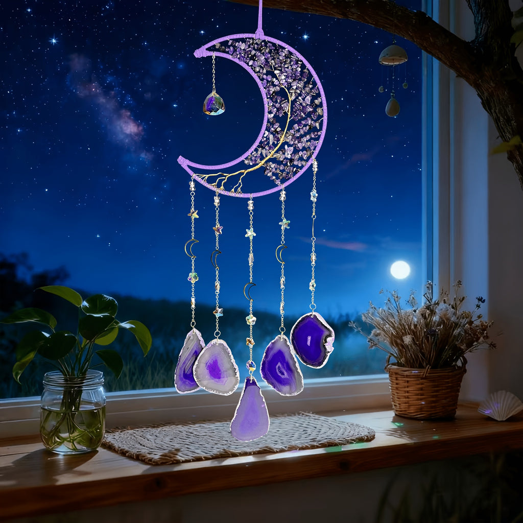 Handmade Moon Agate Tree Hanging Ornament – Boho Suncatcher Crystal Wall Decor | Birthday, Christmas & Holiday Gift for Mom, Friends & Her