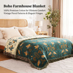 Bird Floral Cotton Throw Blanket Twin Queen King – 100% Cotton Ultra Soft Rustic Quilt, Boho Farmhouse Bed Blanket for Sofa Couch Chair, All Season