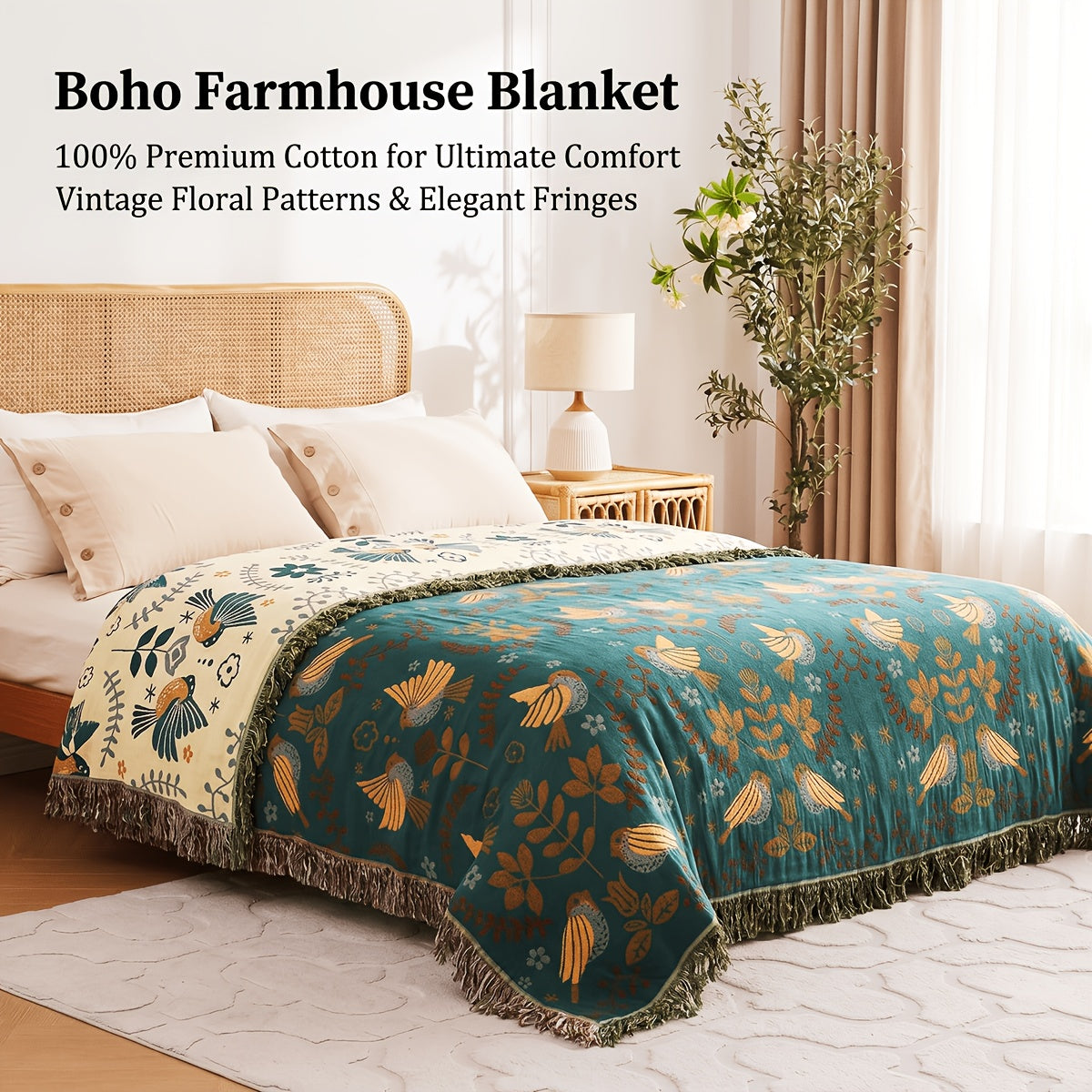 Bird Floral Cotton Throw Blanket Twin Queen King – 100% Cotton Ultra Soft Rustic Quilt, Boho Farmhouse Bed Blanket for Sofa Couch Chair, All Season