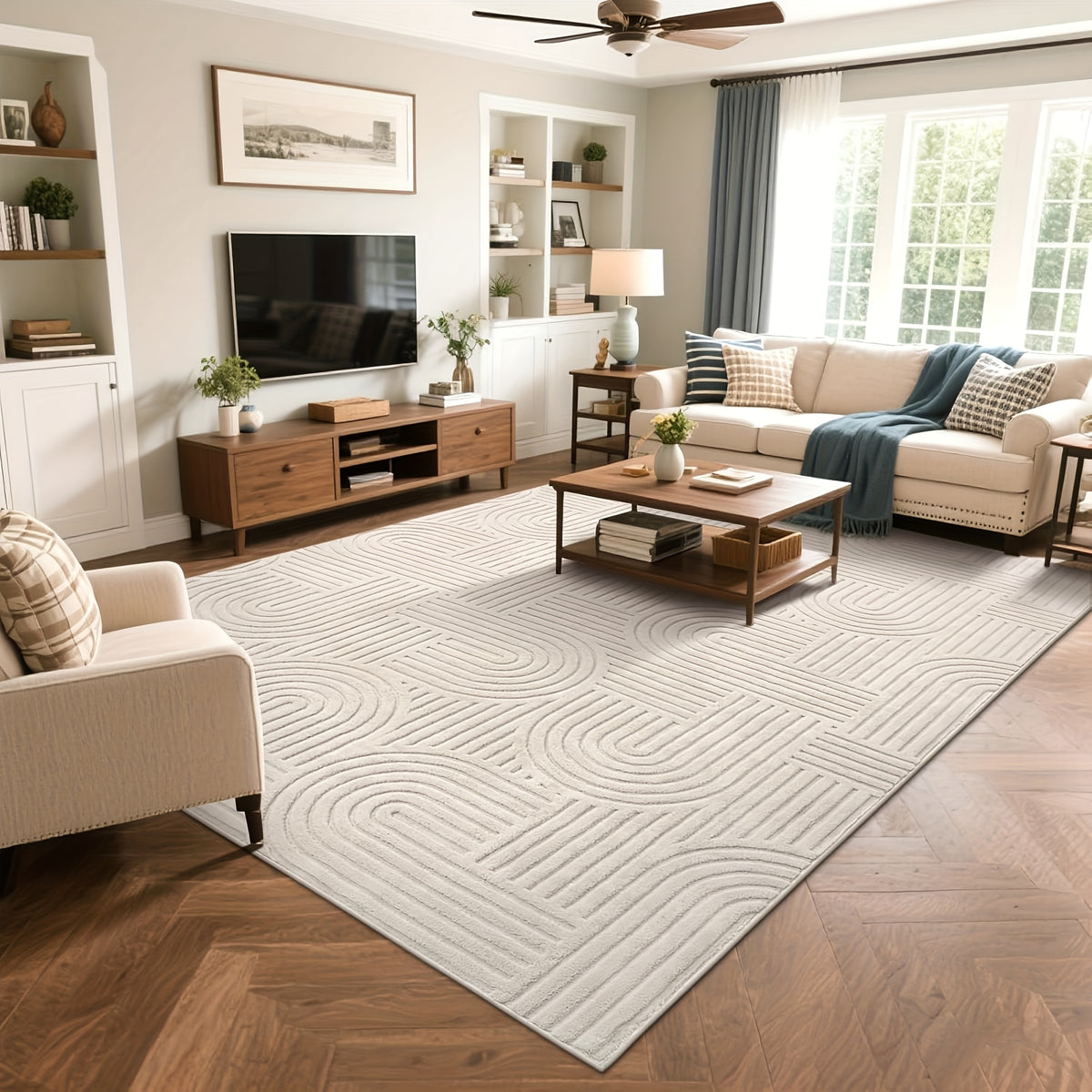 Soft Fluffy Arch Pattern Area Rug – Non-Slip Washable High-Low Pile Geometric Carpet for Living Room, Bedroom & Dining Room, Beige, Multiple Sizes