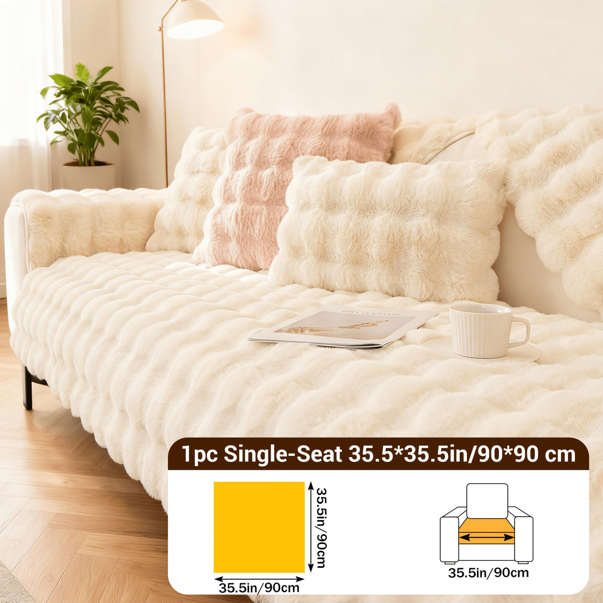 Bubble Faux Rabbit Fur Sofa Cover Non-Slip Stretchable 3/4 Seat Slipcover – Silicone Grip Breathable Furniture Protector for Living Room, Bed & Dorm, Machine Washable in Beige, Dark Grey & Khaki