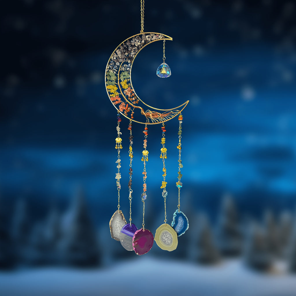 Handmade Moon Agate Tree Hanging Ornament – Boho Suncatcher Crystal Wall Decor | Birthday, Christmas & Holiday Gift for Mom, Friends & Her